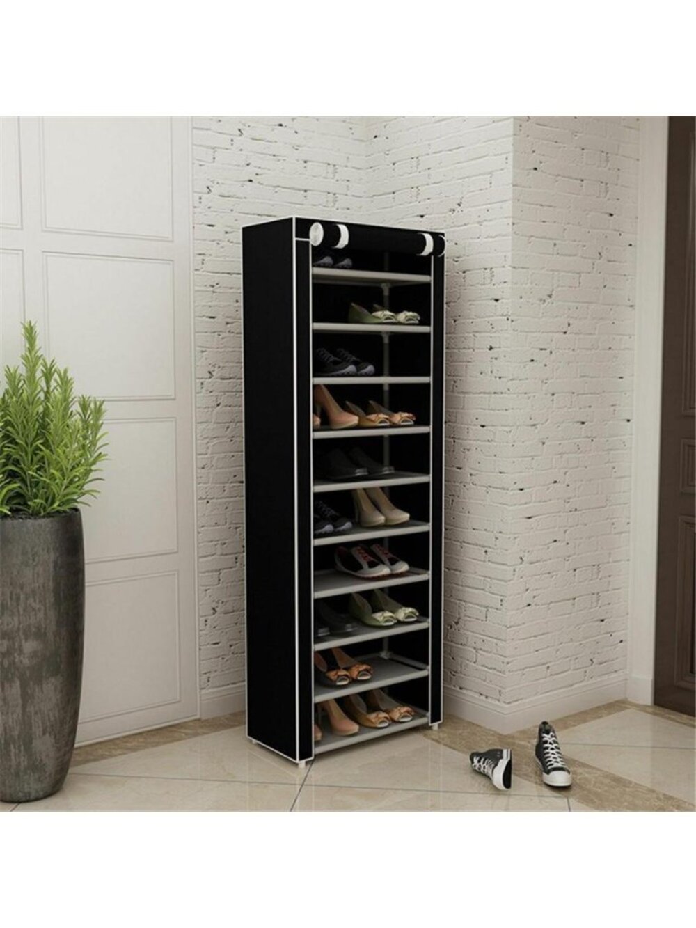 9-Tier Vertical Shoe Rack with Dustproof Cover Fits 27 Pairs Black